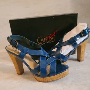 NEW Carlos By Carlos Santana Blue Faux Patent Leather, Cork Heel Sandal Sz 9